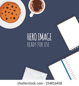 Vector editable banner - hero image made from stationery objects typical for graphic studio and office. Ready for use.