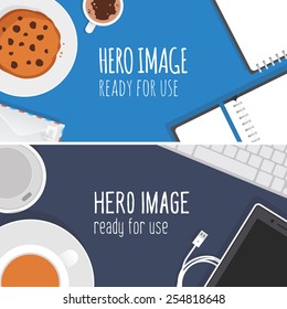 Vector editable banners - hero images made from stationery objects typical for graphic studio and office. Ready for use.
