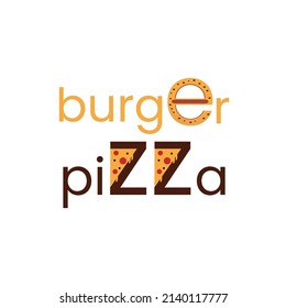 Vector editable burger and pizza logo drawn on white background