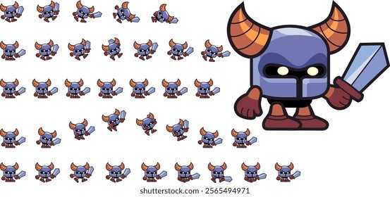 Vector editable cartoon character, funny knight in helmet with horns, armed with sword.  
Available for use in animation. Character for animation in shooter or fighting video games and  adventure game