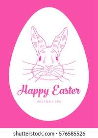 Vector editable colorful image depicting a cute hare on a pink background with white egg. Hand drawn sketch of a lovely Easter bunny. Greeting text Happy Easter.