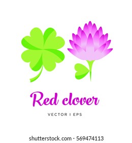 Vector editable colorful image of four-leaf clover with a leaves shaped heart. Red clover flower. Luck and beauty concept. 
