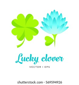 Vector editable colorful image of four-leaf clover with a leaves shaped heart. White clover flower. Luck and beauty concept. 