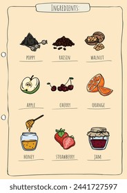 Vector editable cookbook page template with images and names of baking ingredients and recipes