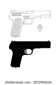Dibujo modificable vectorial de una pistola tt sobre un fondo blanco. Dibujo de la escala de contorno de una pistola