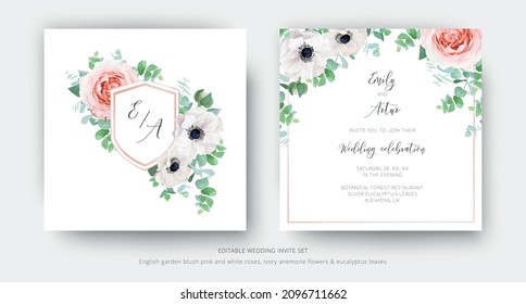 Vector, editable, elegant wedding invite, floral invitation, save the date card template design. Watercolor pink garden rose flowers, ivory anemone, eucalyptus branches, greenery, leaves bouquet frame