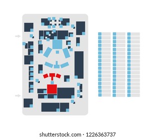 Vector Editable Floor Plan With Fields For Logos Or Titles Isolated On A White Background. Suitable As A Map Of Campus, Office, Production Hall, Festival, Shopping Mall, Work Place, Event And More.