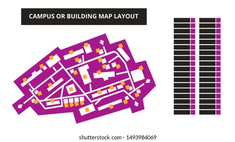 Vector Editable Floor Plan With Fields For Logos Or Titles – Campus Or Building Map In Violet Color Isolated On A White Background. Suitable As A Map Of Shopping Mall, Production Hall, Festival, Shop.