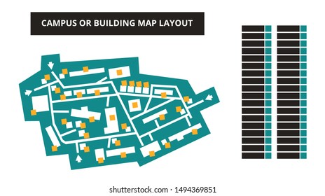 Vector Editable Floor Plan With Fields For Logos Or Titles – Campus Or Building Map In Green Color Isolated On A White Background. Suitable As A Map Of Shopping Mall, Production Hall, Festival Or Shop