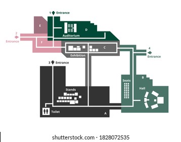 Vector Editable Floor Plan With Fields For Logos Or Titles Isolated On A White Background. Suitable As A Map Of Campus, Office, Production Hall, Festival, Shopping Mall, Workplace, Event, And More.