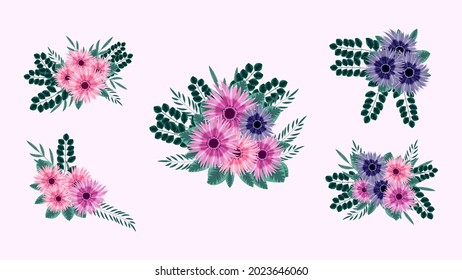 Vektorgrafik, bearbeitbare Blumenstrauß-Arrangement Illustration Kollektion. Stilvolle, elegante Gartenblumen, schönes Grün. isolierte Arrangements Design Elemente für Hochzeiten, Textilien, Gewebe, Kleidung