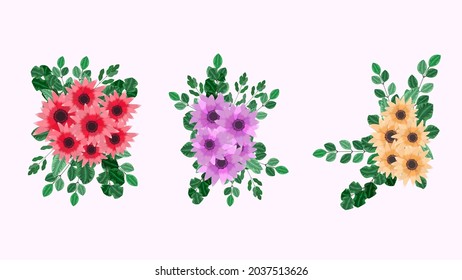 Vector, editable floral bouquet arrangement illustration collection. Stylish, elegant garden flowers, lovely greenery. isolated arrangements design elements for weddings, textile, fabric, clothes