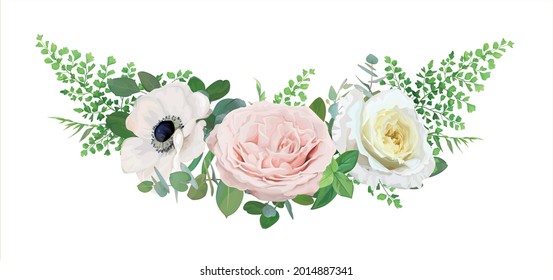 Vektorbearbeitbare Blumenstrauß-Illustration. Weiße Anemonenblume, rosafarbener Quarz, hellgelbe Rosen, Farnblätter, Eukalyptusäste. Hochzeit schöne Einladung, speichern Sie die Datumskarte. Designer-Element