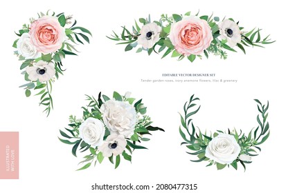 Vector, editable floral bouquet, wreath decorative designer set. Tender spring white anemone flowers, ivory peach roses, eucalyptus, green leaves watercolor illustration. Wedding invite, poster design