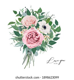 Vector, editable floral watercolor style bouquet illustration. Stylish, elegant mauve, dusty pink garden roses, anemone, lovely, creamy wax flowers, greenery eucalyptus leaves, green herbs and berries