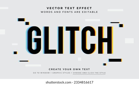 Vector Editable Glitch black text effect. Broken glitch screen graphic style on abstract grey background