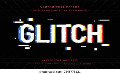 Vector Editable Glitch text effect. Glitch screen typography graphic style on black background