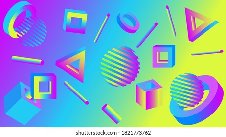 Vector editable graphics. Colored bright volumetric 3D geometric background. Web banner, poster, cover, social media splash screen. 90s pop poster.