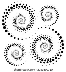 Vector editable graphics. Monochrome dots in the form of a circle, a spiral. Round geometric logo, stencil, dotted frame, web banner, poster, cover, social media splash with place to place your text.