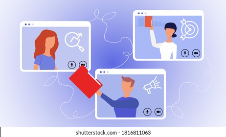 Vector editable graphics. Video call, meeting, business discussion, data exchange, corporate spirit, social distance, work from home.