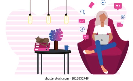 Vector editable graphics. Woman, girl working from home, sitting on a soft armchair. Student, freelancer. Home office concept, stay at home.