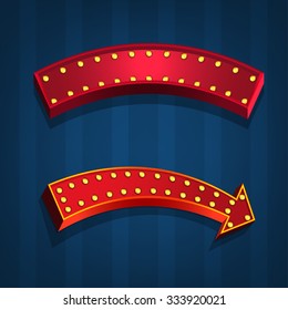 Vector editable illustration of an abstract direction arrows and bunners on a blue background in red and violet colours. Useful for transportation, travelling, hotel, circus and business design.