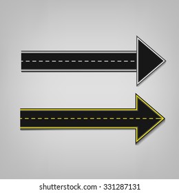 Vector editable illustration of an abstract road direction arrows with road surface marking in white and yellow colours. Useful for transportation, travelling and business design.