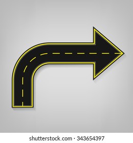 Vector editable illustration of an abstract road direction arrow with road surface marking in white and yellow colours. Useful for transportation, travelling, progression and business design.