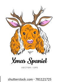 Vector editable illustration, cocker spaniel dog, decorated with deer horns. Hand drawn sketch of an English spaniel  dressed in a Christmas costume.