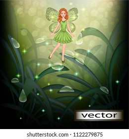 Vector editable illustration of Fairy red hair flying in the forest on a nature macro meadow, grass with dew drops, fantasy tale.