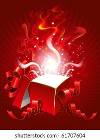 Vector editable illustration of magic gift box, open and luminous