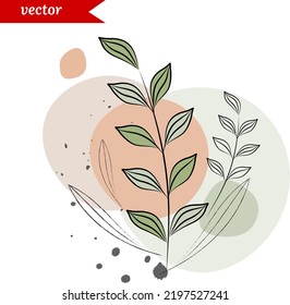 Ilustración de plantas modificable por vectores ; Ilustración abstracta de una sutil rama de olivo con manchas de tinta