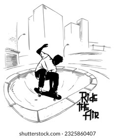 Vector editable illustration of skater silhouette doing trick in empty swimming pool. Drawing in stripped strokes. T-shirts, posters, decoration, stickers and etc...