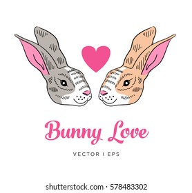 Vector editable image depicting a couple of rabbits in love. Isolated on white background. Hand drawn sketch, marriage concept.