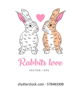 Vector editable image depicting a couple of rabbits in love. Isolated on white background. Hand drawn sketch.