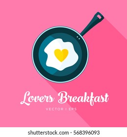 Vector editable image, illustration drawing the frying pan with a heart shape omelet. Valentine Day lovers breakfast concept.