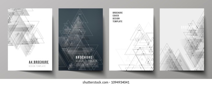 The vector editable layout of A4 format cover mockups design templates for brochure, magazine, flyer, booklet. Polygonal background with triangles, connecting dots and lines. Connection structure.