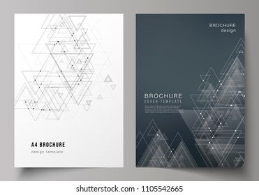 The vector editable layout of A4 format cover mockups design templates for brochure, magazine, flyer, booklet. Polygonal background with triangles, connecting dots and lines. Connection structure.