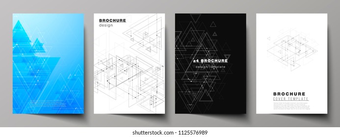 The vector editable layout of A4 format cover mockups design templates for brochure, magazine, flyer, booklet. Polygonal background with triangles, connecting dots and lines. Connection structure.