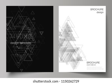 The vector editable layout of A4 format cover mockups design templates for brochure, magazine, flyer, booklet. Polygonal background with triangles, connecting dots and lines. Connection structure.