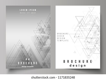 The vector editable layout of A4 format cover mockups design templates for brochure, magazine, flyer, booklet. Polygonal background with triangles, connecting dots and lines. Connection structure.