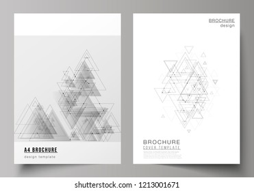 The vector editable layout of A4 format cover mockups design templates for brochure, magazine, flyer, booklet. Polygonal background with triangles, connecting dots and lines. Connection structure.