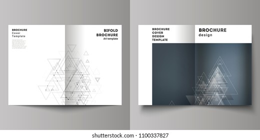 Vector editable layout of two A4 format cover mockups design templates for bifold brochure, magazine, flyer. Polygonal background with triangles, connecting dots and lines. Connection structure.