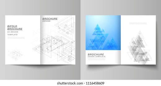 Vector editable layout of two A4 format cover mockups design templates for bifold brochure, magazine, flyer. Polygonal background with triangles, connecting dots and lines. Connection structure.