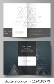 Vector editable layout of two A4 format cover mockups design templates for bifold brochure, magazine, flyer. Polygonal background with triangles, connecting dots and lines. Connection structure.