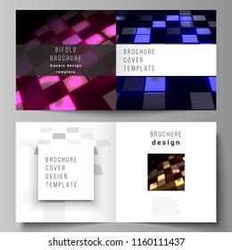 The vector of the editable layout of two covers templates for square design bifold brochure, magazine, flyer, booklet. Abstract hi-tech background in perspective. Futuristic technology backdrop.