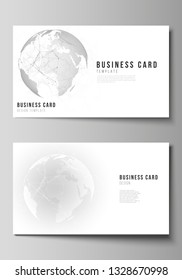 Vector editable layout of two creative business cards design templates. Futuristic geometric design with world globe, connecting lines and dots. Global network connections, technology digital concept.