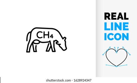 Vector editable line icon of a cow grazing but causing global warming by emitting methane CH4 as line art in a black stroke style on a white background