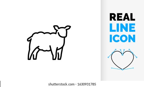 Vector Editable Line Icon Of A Domestic Cattle Side View Whole Body Sheep, Lamb Or Goat Grazing Used For Fur, Wool And Milk As Modern Clean Line Art Illustration In A Black Stroke Symbol Style