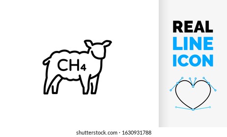 Vector editable line icon of a sheep, lamb or goat grazing but causing global warming by emitting methane CH4 harming the environment as line art illustration black stroke style on a white background